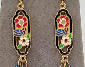 Colorful Gold Tone & Enamel Floral Drop Earrings with Faceted Glass Bead Dangles