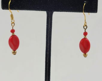 Red Teardrop Shaped Glass Beaded Earrings with Gold Beads and Hooks