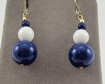 Festive Vintage Blue & White Acrylic Bead Drop Earrings for Summer