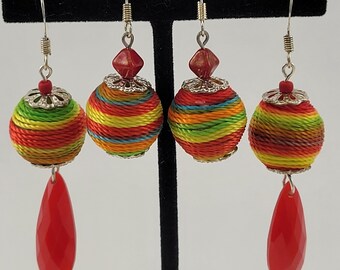 Three (3) Colorful Pairs of Fun String Wrapped Ball Shaped Earrings for Summer
