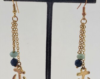 Nautical Themed Gold Anchor & Blue Beaded Earrings for Summer!