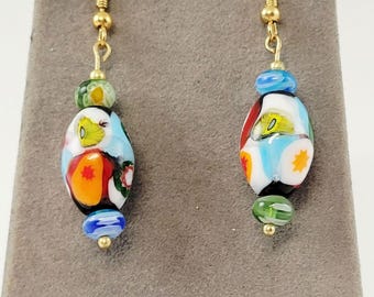 Colorful Millefiore Glass Bead Earrings with Gold Accents