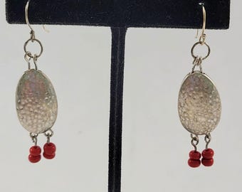 One of a Kind Hammered Silver Disc Earrings with Red Glass Bead Dangles