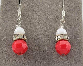 Sparkling Happy 4th of July Red & White Faceted Acrylic Bead Earrings with Crystal Accents