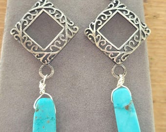 Diamond Shaped Antique Silver Filigree Earrings with Wire Wrapped Turquoise Drop Focals