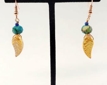 Iridescent Amber Glass Leaf Earrings with Multi Colored Faceted Beads and Copper Hooks