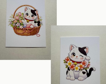 Juego de mini láminas de arte de gatos de 4x5,5 pulgadas / Oscar el gato afortunado / Láminas de gatos florales y tropicales / Lindo juego de regalo de gatos / Pequeñas láminas de arte
