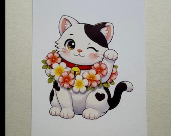Hawaiiaanse kat minikunstprint 4 x 5,5 | Oscar de gelukkige kat | Leuk kattencadeau | Lei Cat-muurkunst | Kleine kunstafdruk