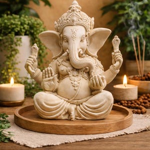 Peut inclure: Statue crème de Ganesha, divinité hindoue, en position méditative sur un plateau en bois. La statue est richement détaillée, avec une tête d'éléphant et plusieurs bras. Des bougies allumées et de l'encens créent une ambiance spirituelle.
