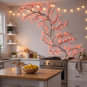 Peut inclure: Une cuisine avec une décoration lumineuse en forme de fleurs de cerisier sur le mur. La décoration a des branches noires et des lumières en forme de fleurs roses. Un îlot en bois avec un bol de citrons est devant la cuisinière.