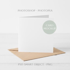 May include: A white square card mockup with a light green circle that says "CARD MOCKUP". The card is resting on a brown envelope. The text "PHOTOSHOP - PHOTOPEA" and "PSD SMART OBJECT - PNG" are also visible.