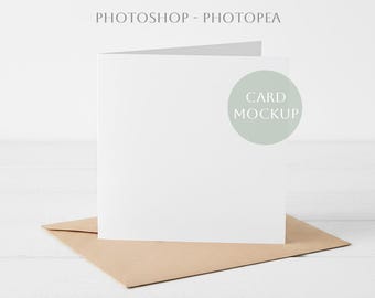 Square Folded Card Mockup PSD, Kraft Brown Envelope, 1:1 Square Greeting Card Mock Up, Smart Object Invitation Birthday or Wedding Invite