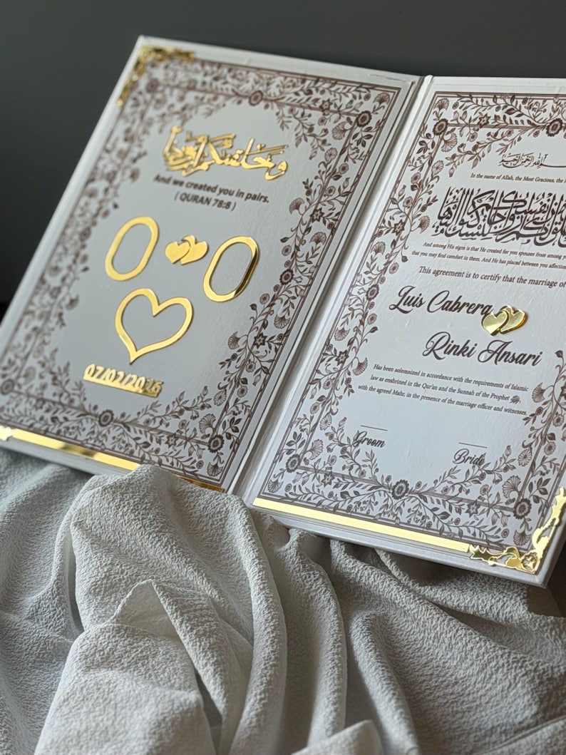 May include: Open wedding invitation with gold accents and floral border. The text includes Arabic script and English phrases, with the names Luis Cabrera and Rinki Ansari. The date 07/02/2016 is also visible.