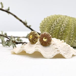 Può includere: Orecchini a lobo fatti a mano con un design a riccio di mare. Un orecchino è verde oliva e l'altro marrone, ciascuno con un centro color oro. Gli orecchini poggiano su una conchiglia bianca, con un guscio di riccio di mare verde sullo sfondo.