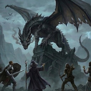 May include: A digital fantasy art piece depicting a dragon perched atop a stone structure, facing a group of figures in cloaks. The scene is set in a dark, rocky landscape with glowing accents and flying creatures.