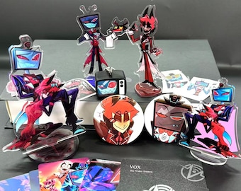 Set de regalo de Alastor y Vox de Hazbin Hotel: figura acrílica + llavero + pin + tarjetas holográficas + set de tarjetas de visita de Vox / Caja de regalo para fans