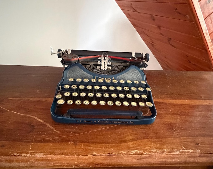 Featured listing image: Working Vintage Blue Corona Four Typewriter with Case | 1920s L.C. Smith & Corona Portable | Antique Manual Typewriter, Rare Colored Frame