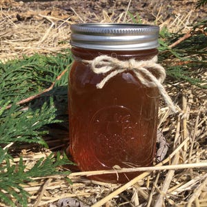 May include: A clear glass jar filled with amber liquid, sealed with a silver lid and tied with twine. The jar is surrounded by green foliage and straw, suggesting a natural setting. The jar appears to be a mason jar.