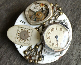 Antique Steampunk Pocket Watch part brooch, vintage, jewelry, assemblage, up cycled, recycled, repurposed, pin Edwardian