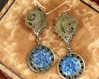 Stunning victorian blue metal button earrings ornate layered design mesh brass roses jewelry dangle antique vintage