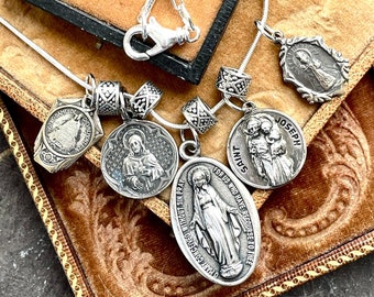 Lovely old religious medal collection necklace vintage antique spiritual catholic devotional Joseph Mary Paray Monial Notre Dame Chevremont
