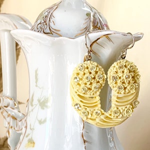 Antique pale lemon yellow Celluloid assemblage earrings rhinestones lightweight statement oldnouveau earrings vintage jewelry image 3