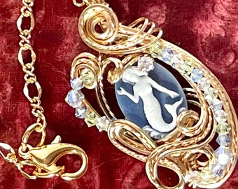 Gold filled wire wrapped mermaid cameo cabochon necklace pendant blue white NMBM not made by me elegant beautiful jewelry