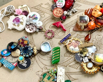 Curious Vintage Collage pendant assemblage  antique buttons artifacts memorabilia necklace jewelry multi colors