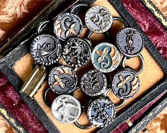 European Antique Metal Button Bracelet picture florals Great Britain England diminutive tinted highly detailed