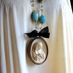 The Young Mother Meerschaum carved necklace blue aventurine Mary Madonna Our Lady devotional religious spiritual jewelry antique vintage image 7