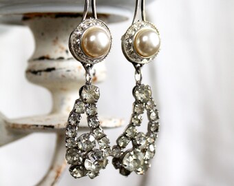 Vintage Button and rhinestone assemblage earrings formal evening antique jewelry retro up cycled long drop
