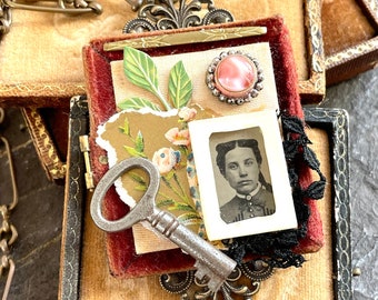 Memento Mori necklace gem tintype assemblage photo album ephemera antique vintage steampunk jewelry pendant bar pin gothic goth statement