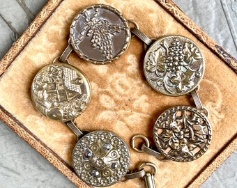 Grapes and vines Mill house wheel antique Button Bracelet  picture vintage jewelry Victorian 1800 's assemblage grapes  flowers