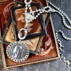 Our Lady Lourdes Notre Dame religious medal brooch rhinestone necklace jewelry vintage antique  France Mary Catholic assemblage devotion