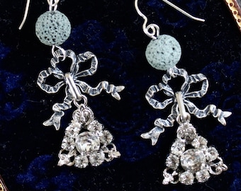Antique rhinestone earrings assemblage vintage jewelry filigree bows gray green stunning angel-like
