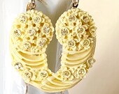 Antique pale lemon yellow Celluloid assemblage earrings rhinestones lightweight  statement oldnouveau earrings vintage jewelry