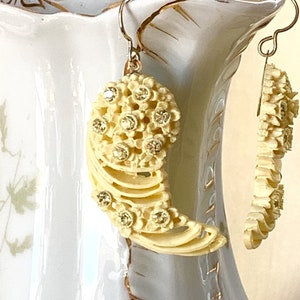 Antique pale lemon yellow Celluloid assemblage earrings rhinestones lightweight statement oldnouveau earrings vintage jewelry image 2