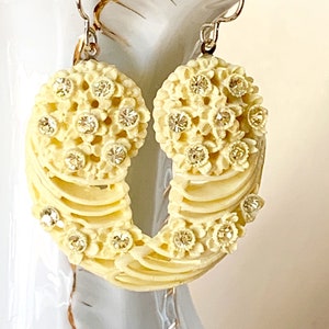 Antique pale lemon yellow Celluloid assemblage earrings rhinestones lightweight statement oldnouveau earrings vintage jewelry image 1