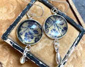 Antique Asian Fan paper ephemera earrings blue gold foiled luminescent texture bezel vintage papers Victorian jewelry