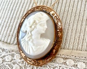 Antique shell carved necklace woman profile cameo victorian pendant gold highly decorative engraved bezel gray white no cracks brooch