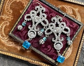 Gorgeous crystal and blue rhinestone assemblage earrings antique glass vintage  earrings large bling statement dangle jewelry