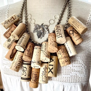 Fabulous Wine lovers cork statement necklace grape vine pin brooch decanter tag assemblage connoisseur cocktail party wine tasting image 1