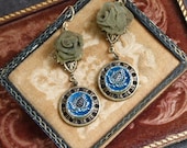 Stunning victorian blue metal button earrings ornate layered design mesh brass roses jewelry dangle antique vintage