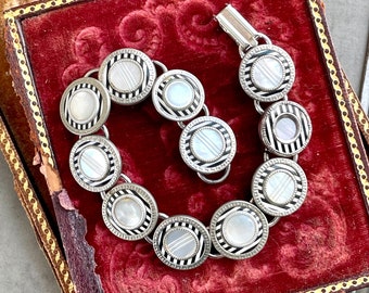 Antique Cufflink Bracelet black white striped celluloid  carved mother of pearl silver vintage singles  classic neutral retro up cycled