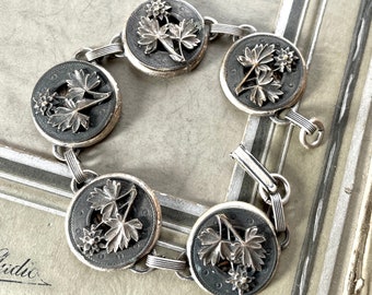 Antique metal picture button bracelet  antique vintage plant life floral steel  old nouveau oldnouveau