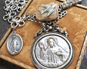 Gorgeous devotional assemblage necklace sacred heart swallow dove peace religious spiritual vintage antique Catholic sacre coeur Jesus