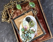 Gorgeous oval porcelain button pendant hand painted china floral green pink Mother of Pearl necklace buckle vintage collage bowdoin chain