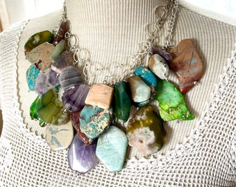 Collar necklace flat slab natural stone remnant stones amethyst snakeskin blue sea sediment jasper dyed jewelry heavy statement assemblage