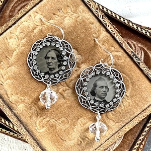 Gem tintype Memento Mori Earrings steampunk gothic Victorian Memory antique vintage assemblage mourning jewelry rhinestone earrings image 1