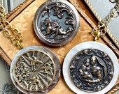 Antique Button pendants your choice vintage assemblage jewelry HERON in flight MADONNA and child CUPID at rest cherub angel Mary Jesus birds